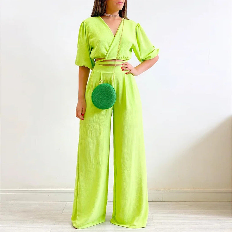 2023 Summer V-Neck Top & High-Waist Wide Leg Pants Set