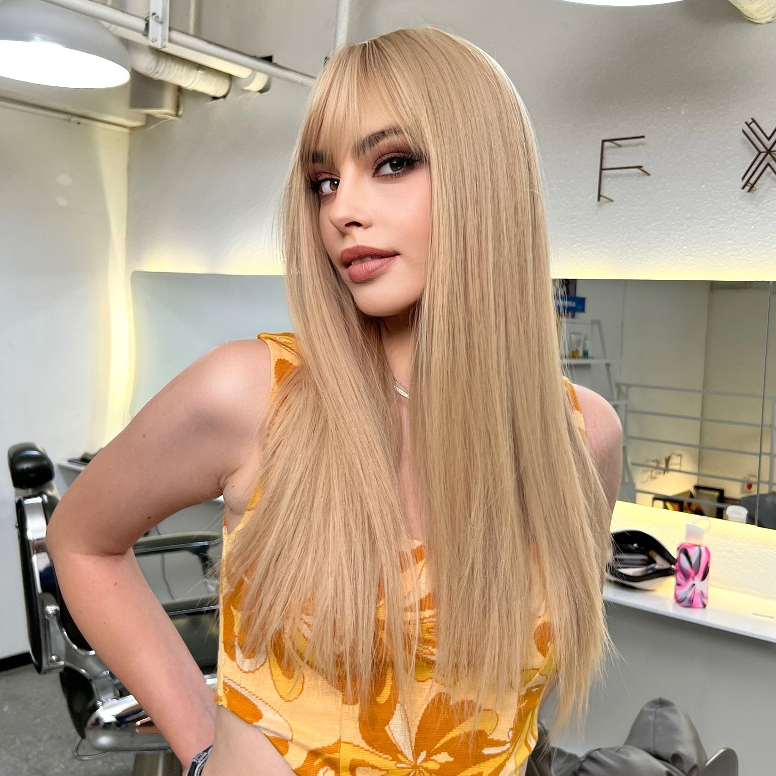 Qi Bangs Yellow Gradient Long Straight Cosplay Wig Set