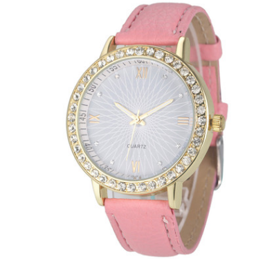 Rhinestone Quartz Watch, Geneva Style, Leather Band Karis Fashions