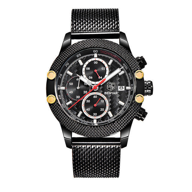 Quartz Three-Eye Watch with Steel Band and Waterproof Karis Fashions