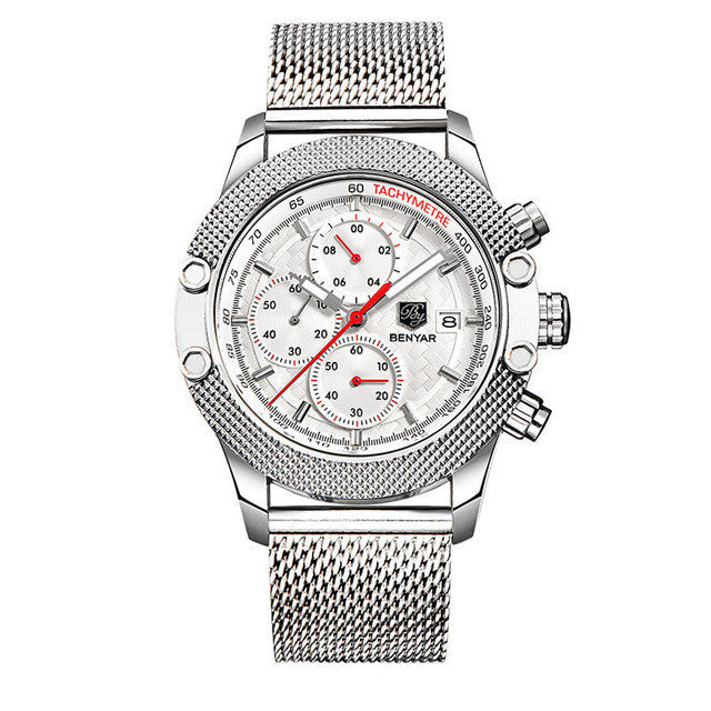 Quartz Three-Eye Watch with Steel Band and Waterproof Karis Fashions