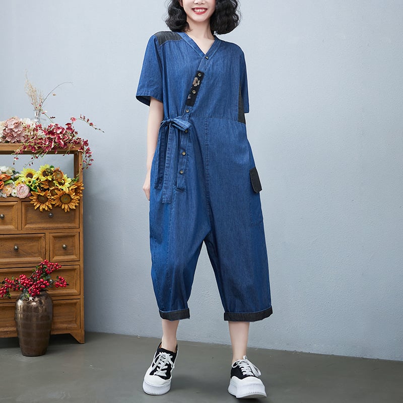 Women's Drawstring Denim Jumpsuit Fashion Outfit