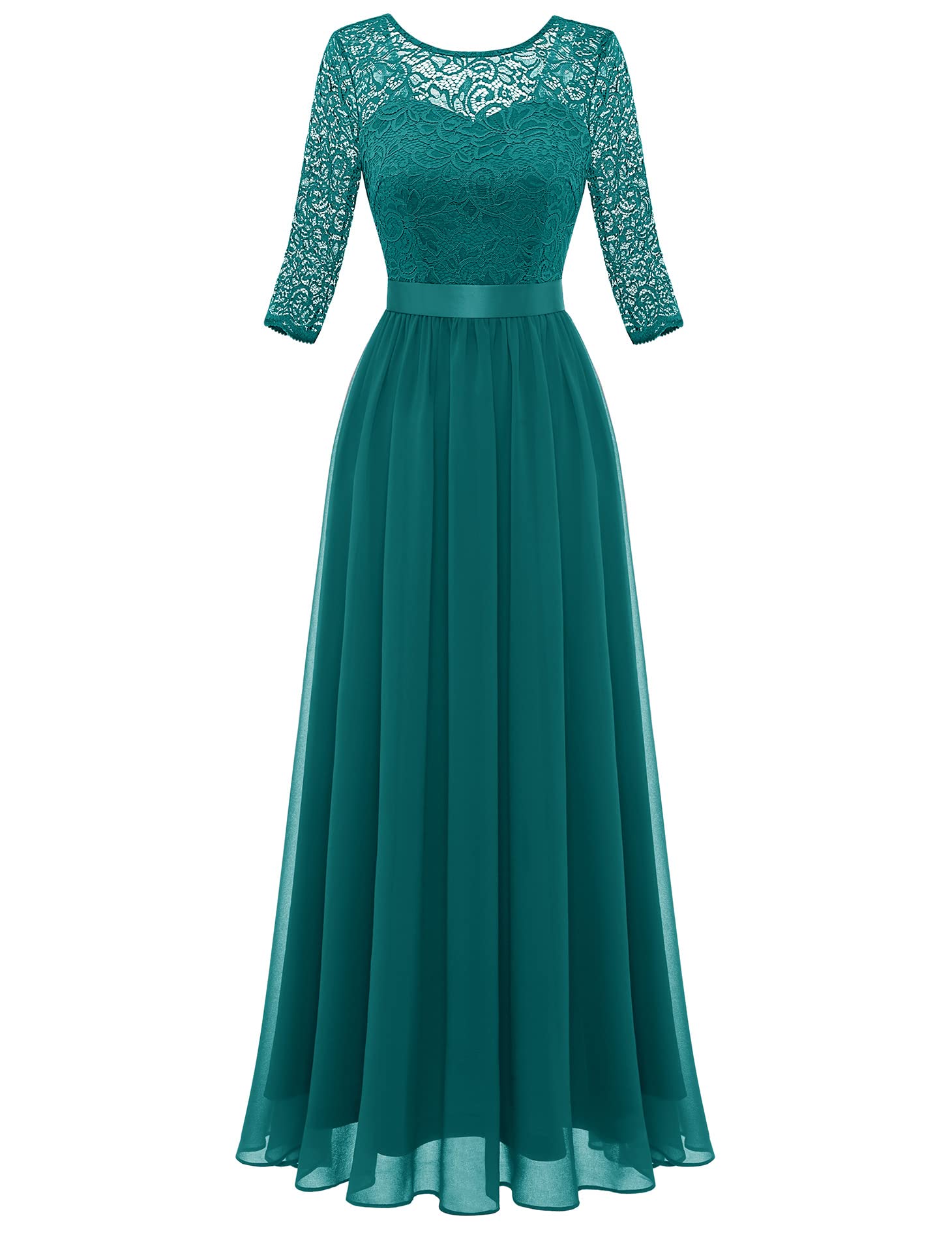 BeryLove Cocktail Dresses for Women Evening Party Vintage Long Sleeve Formal Dresses Elegant Floral Lace Maxi Dress Elegant Prom Dress for Wedding Guest Peacock Green M