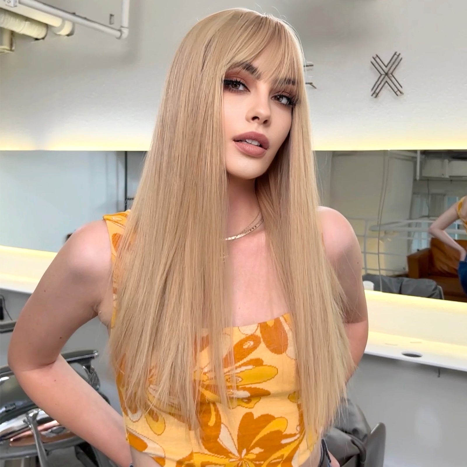 Qi Bangs Yellow Gradient Long Straight Cosplay Wig Set