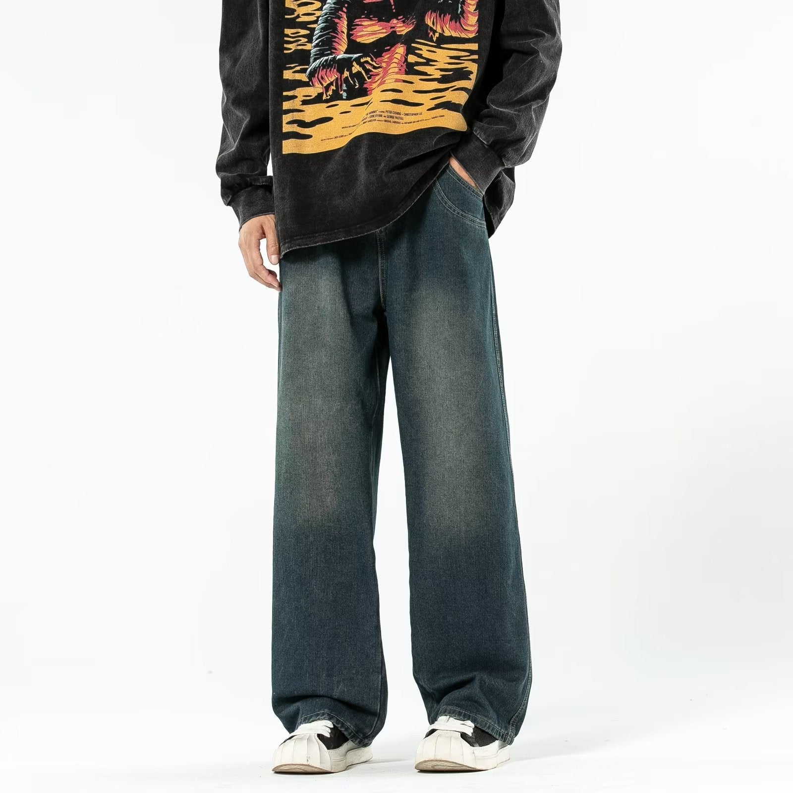 Vintage Blue Washed Loose Fit Men's Jeans
