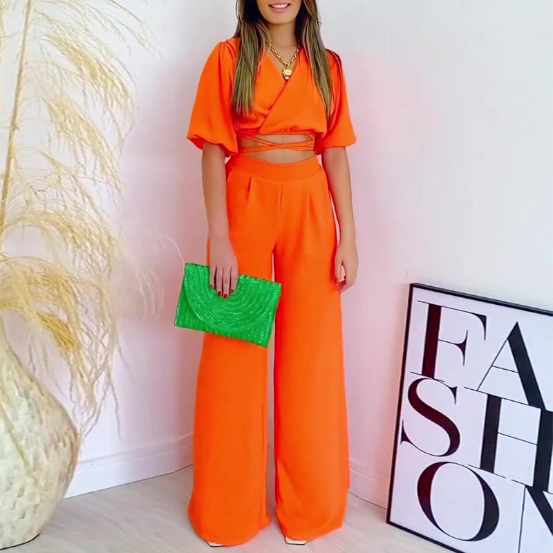 2023 Summer V-Neck Top & High-Waist Wide Leg Pants Set