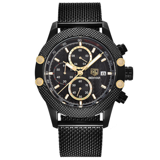 Quartz Three-Eye Watch with Steel Band and Waterproof Karis Fashions