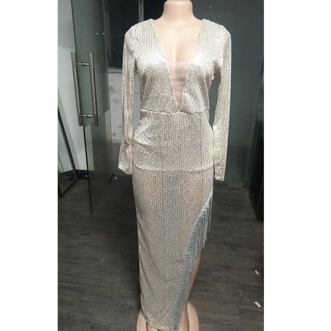 Deep V Long Sleeve Asymmetrical Side Split Dress