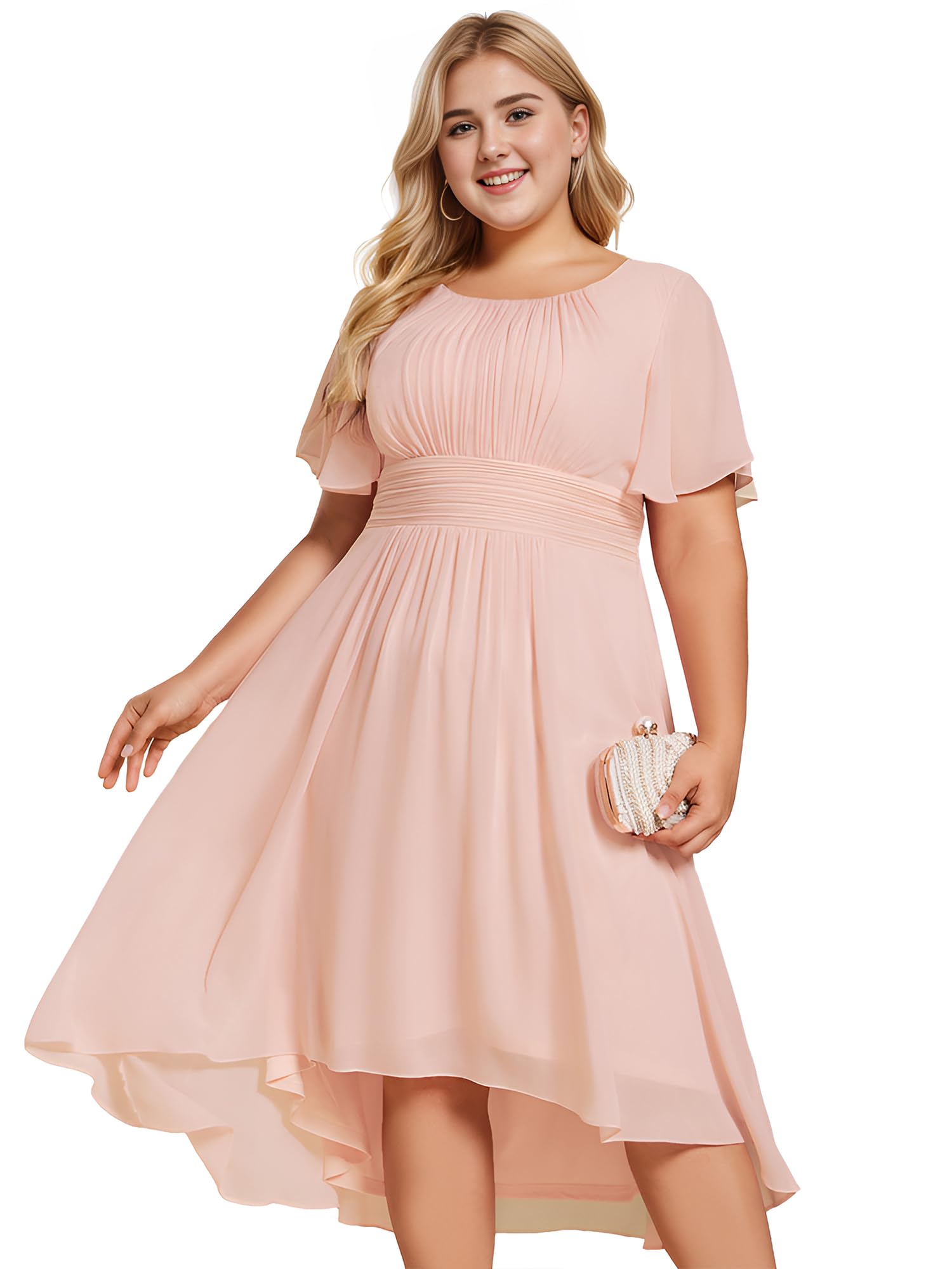 Ever-Pretty Womens A Line Curvy Crew Neck Short Sleeves Pleated Plus Size High Low Wedding Guest Dresses Pink US10