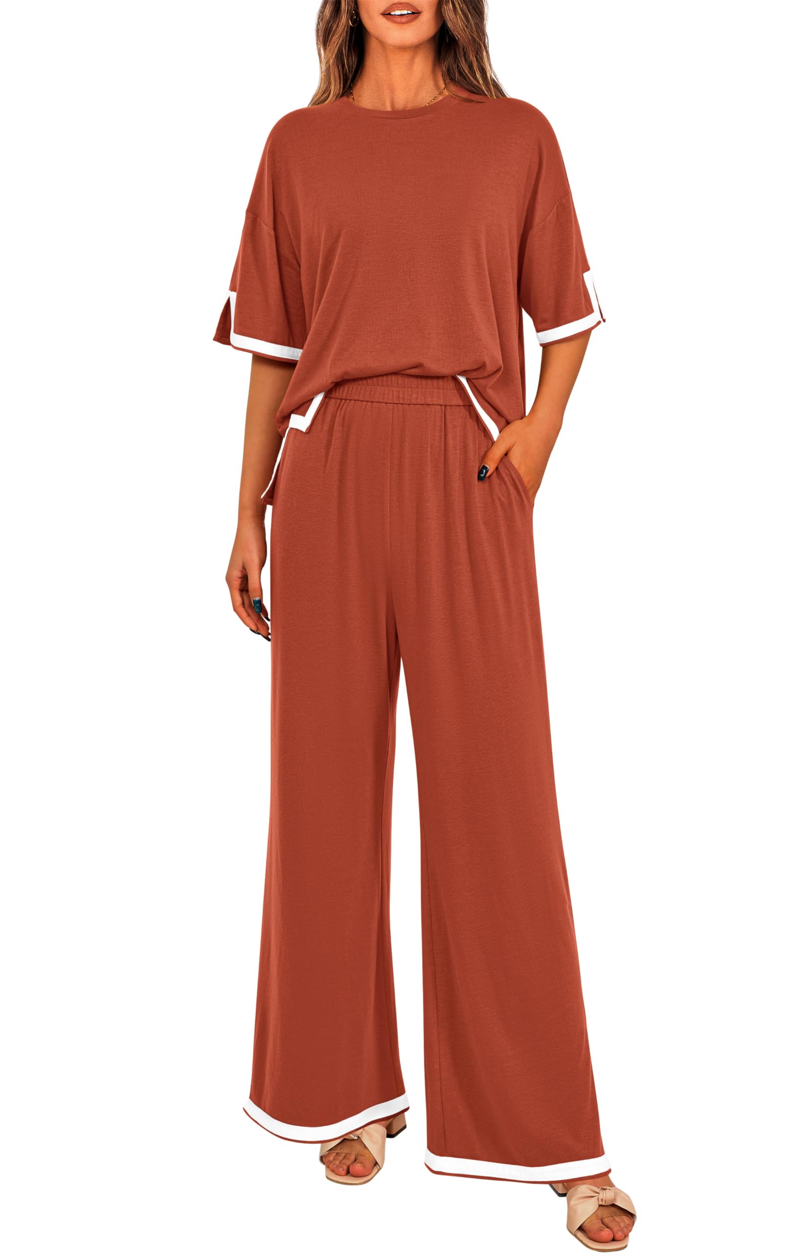 MASCOMODA Womens Summer 2 Piece Outfits Crewneck Short Sleeve Tops Wide Leg Long Pants Matching Lounge Sets Tracksuit(Hot PinkMedium)