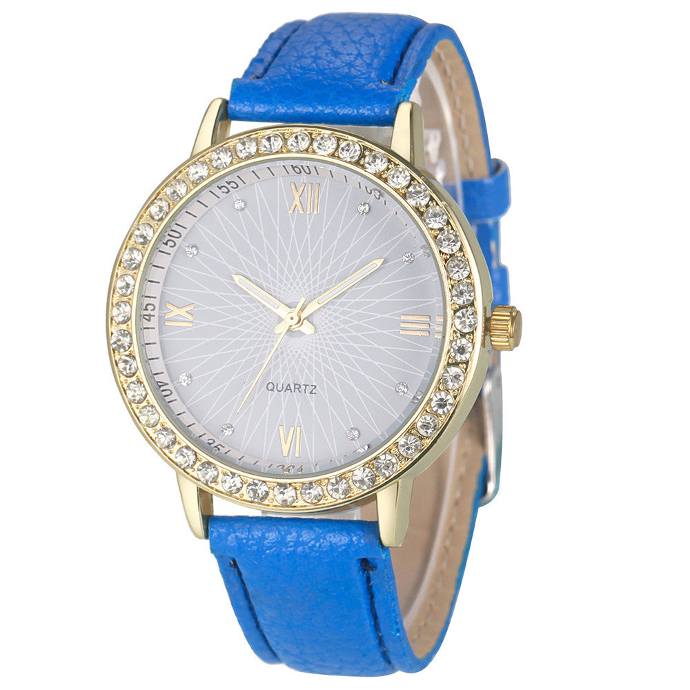 Rhinestone Quartz Watch, Geneva Style, Leather Band Karis Fashions