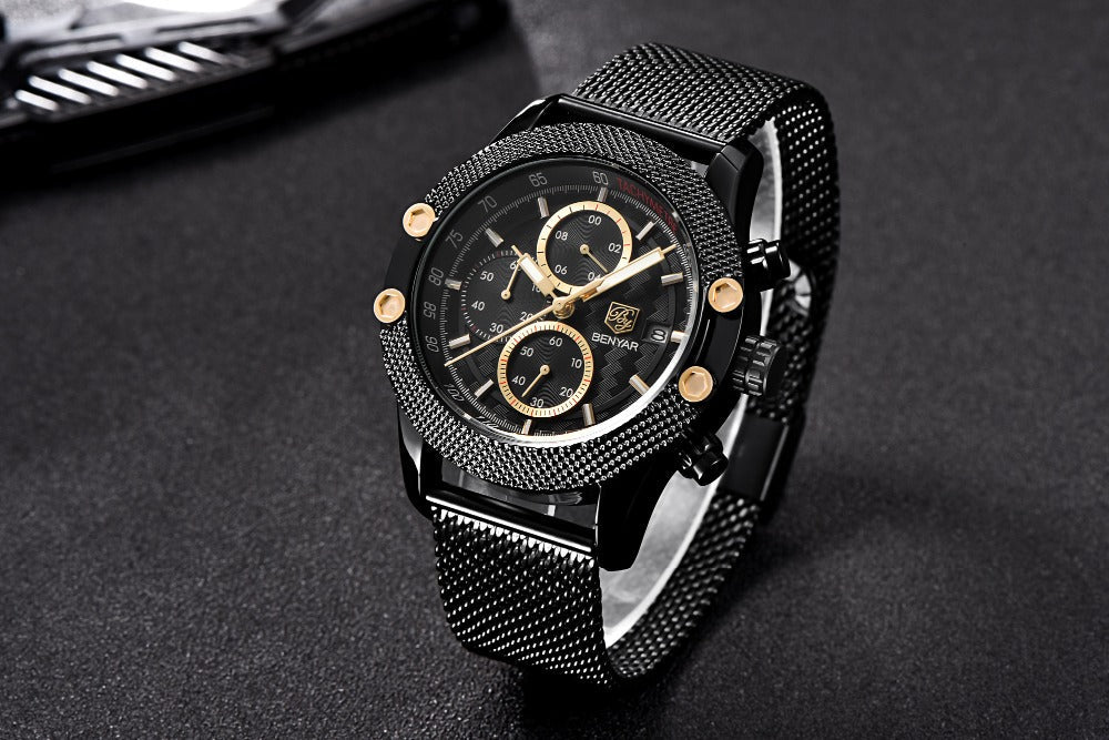 Quartz Three-Eye Watch with Steel Band and Waterproof Karis Fashions