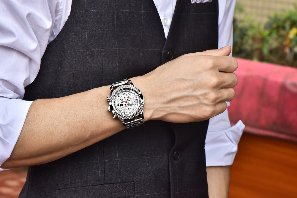 Quartz Three-Eye Watch with Steel Band and Waterproof Karis Fashions