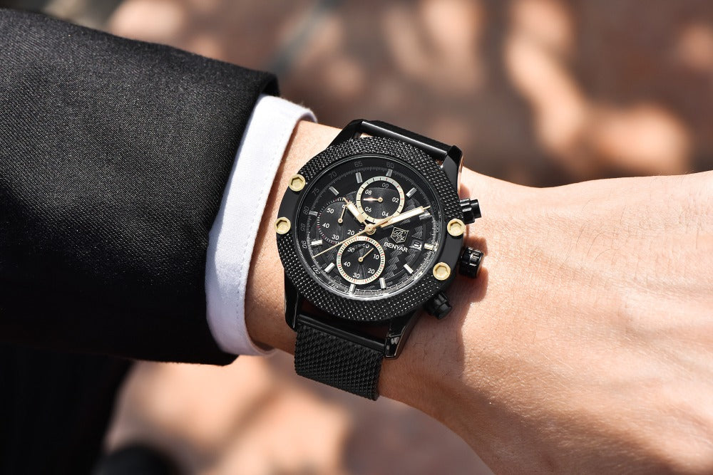 Quartz Three-Eye Watch with Steel Band and Waterproof Karis Fashions